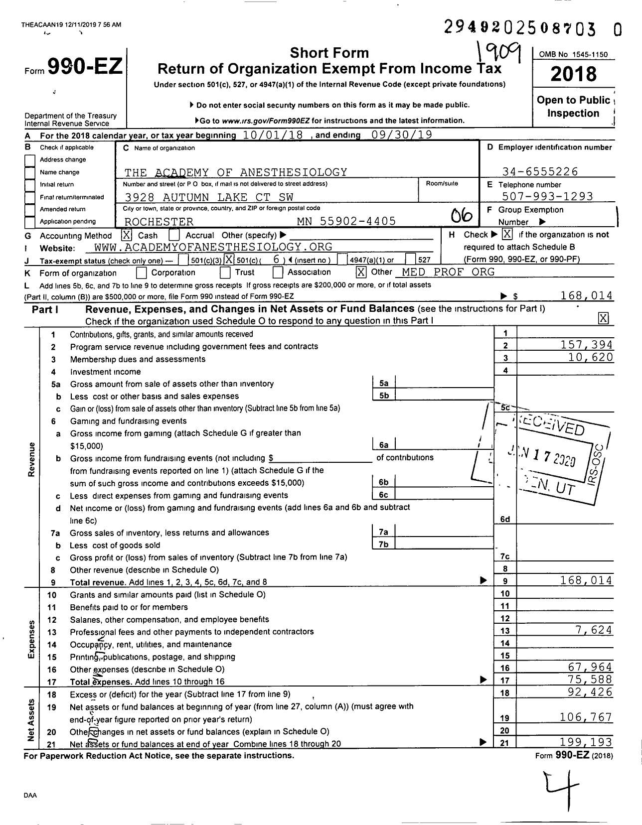 Image of first page of 2018 Form 990EO for The Academy of Anesthesiology