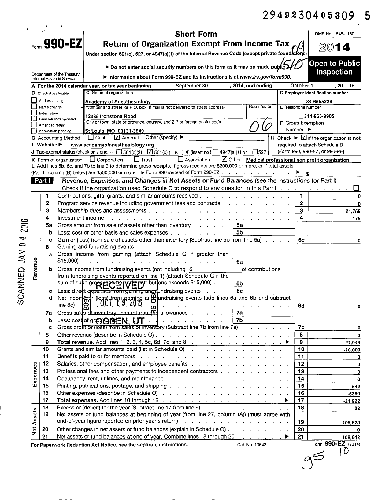 Image of first page of 2014 Form 990EO for The Academy of Anesthesiology