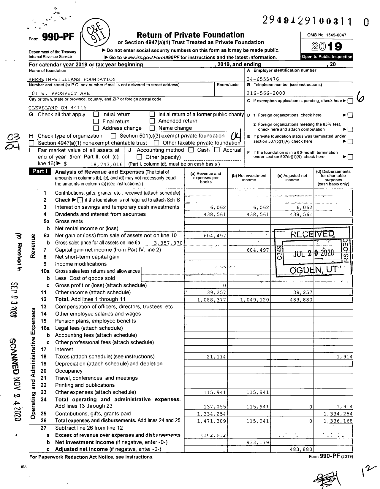 Image of first page of 2019 Form 990PF for Sherwin-Williams Foundation