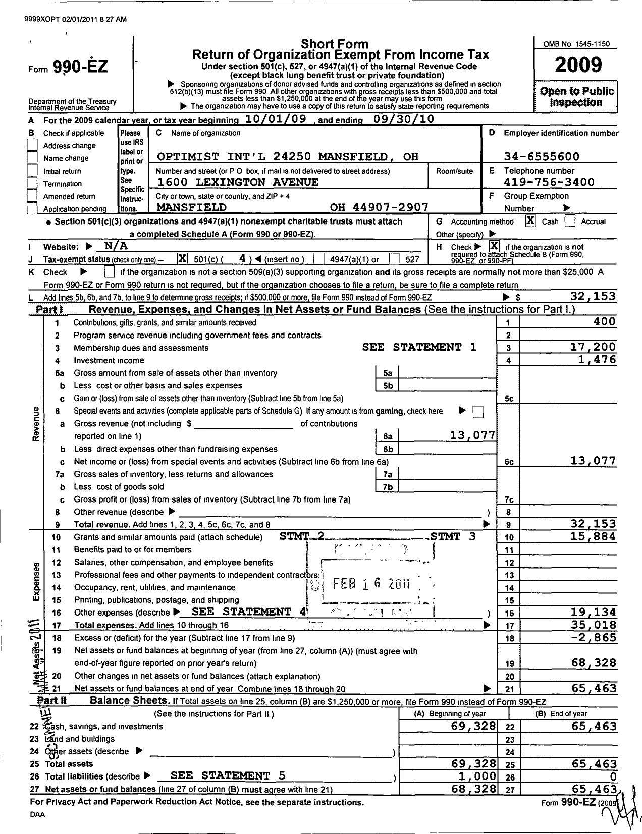 Image of first page of 2009 Form 990EO for Optimist International - 24250 Oc of Mansfield Oh