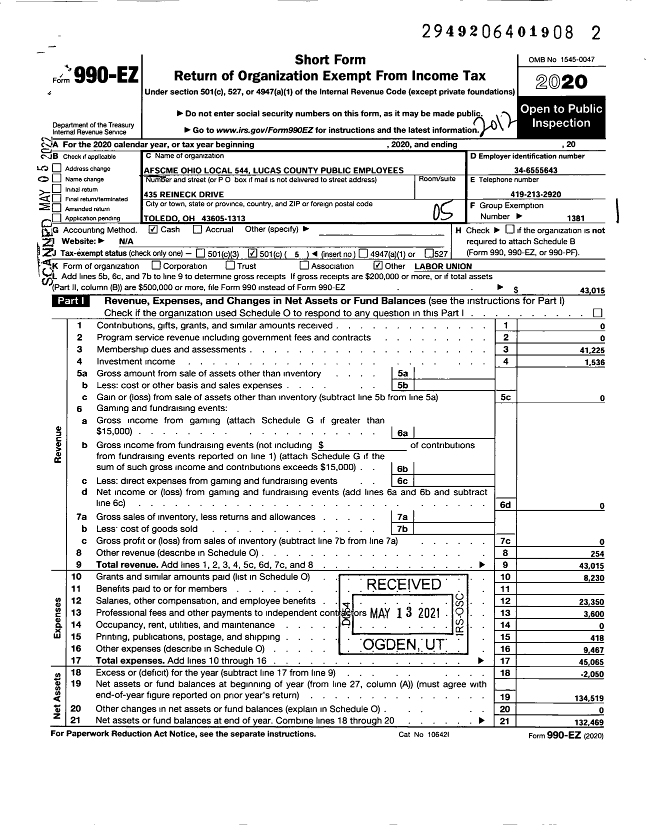 Image of first page of 2020 Form 990EO for American Federation of State County & Municipal Employees - L0544oh Lucas Co Public Emp Union 1