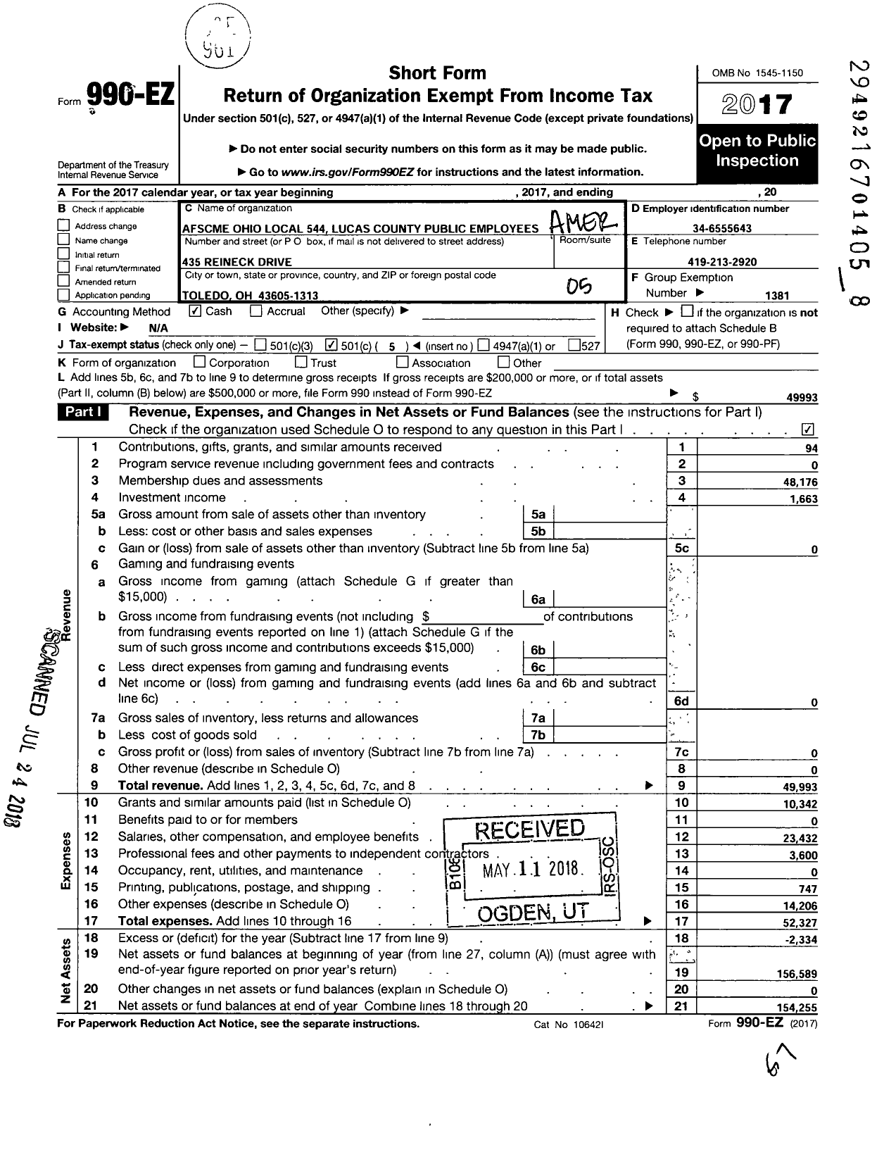 Image of first page of 2017 Form 990EO for American Federation of State County & Municipal Employees - L0544oh Lucas Co Public Emp Union 1