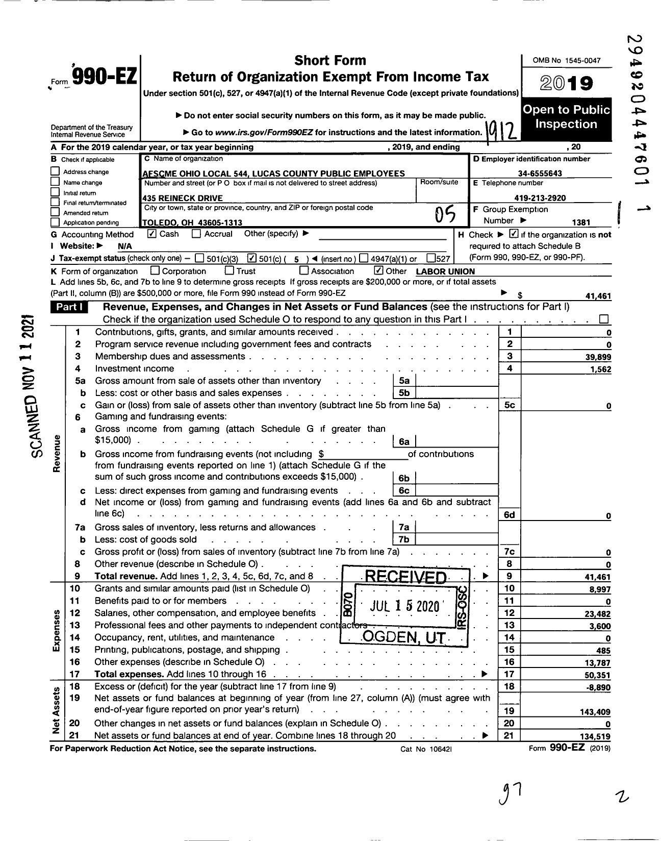 Image of first page of 2019 Form 990EO for American Federation of State County & Municipal Employees - L0544oh Lucas Co Public Emp Union 1