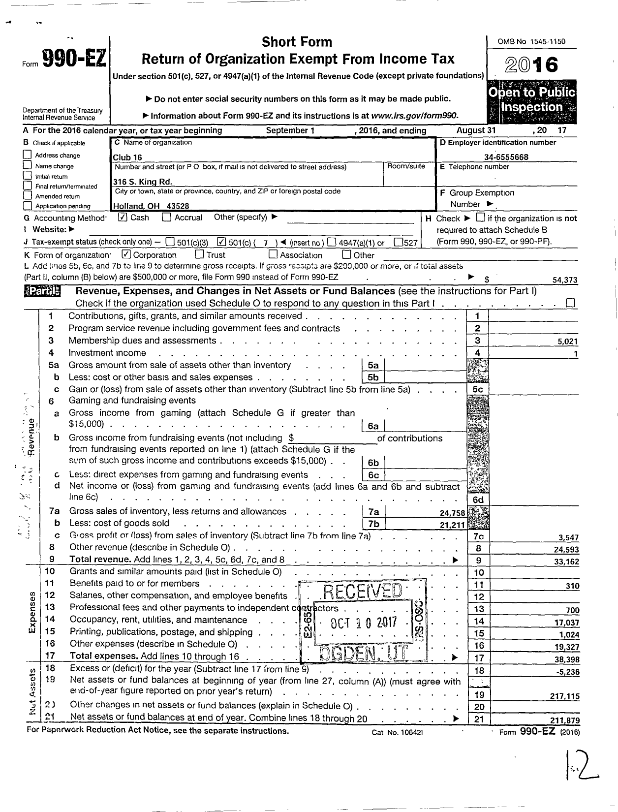 Image of first page of 2016 Form 990EO for Club 16