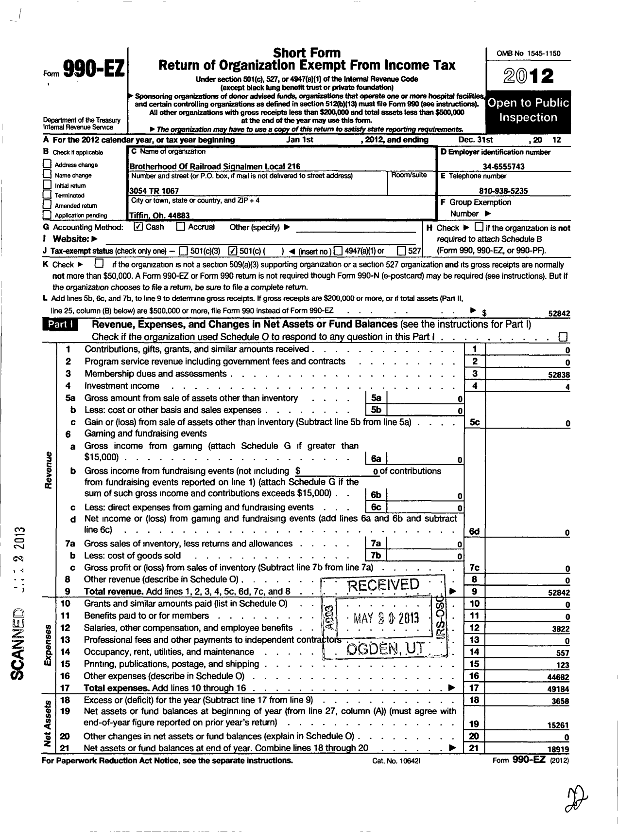 Image of first page of 2012 Form 990EO for Brotherhood of Railroad Signalmen - 216 Hocking Local