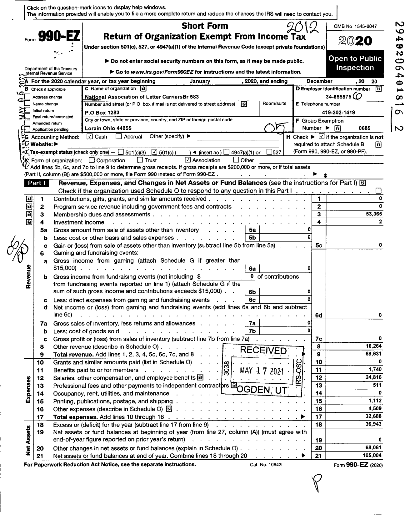 Image of first page of 2020 Form 990EO for National Association of Letter Carriers - Branch 583