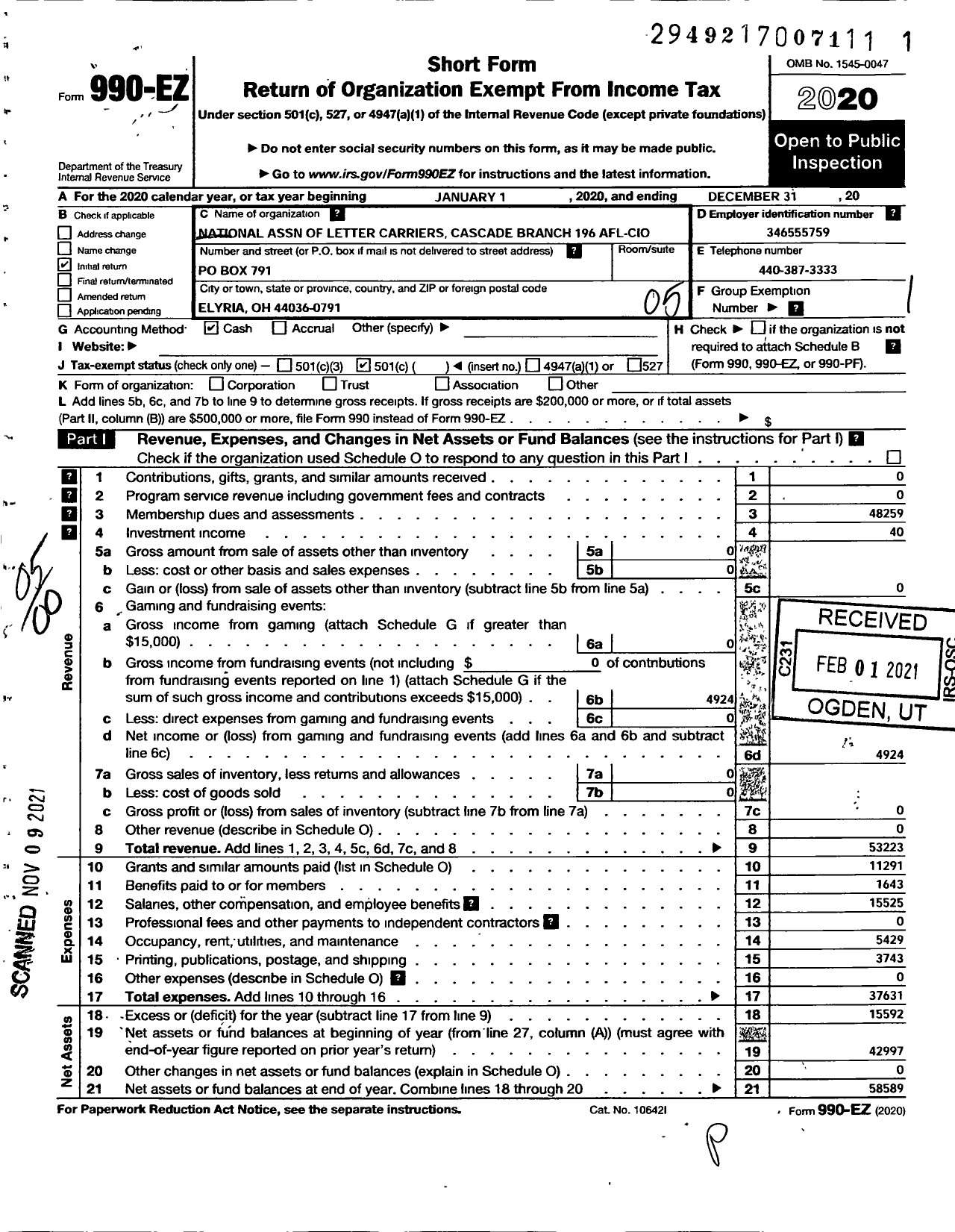 Image of first page of 2020 Form 990EO for National Association of Letter Carriers - 196 Elyria Ohio