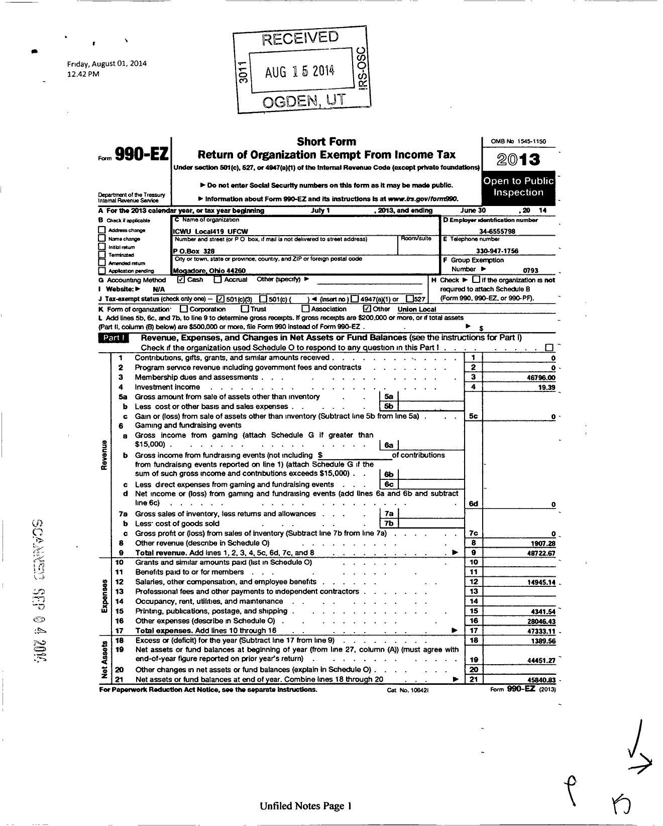 Image of first page of 2013 Form 990EZ for United Food & Commercial Workers Union - 419c Local