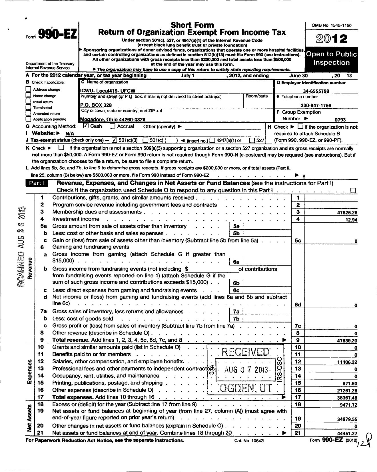 Image of first page of 2012 Form 990EZ for United Food & Commercial Workers Union - 419c Local