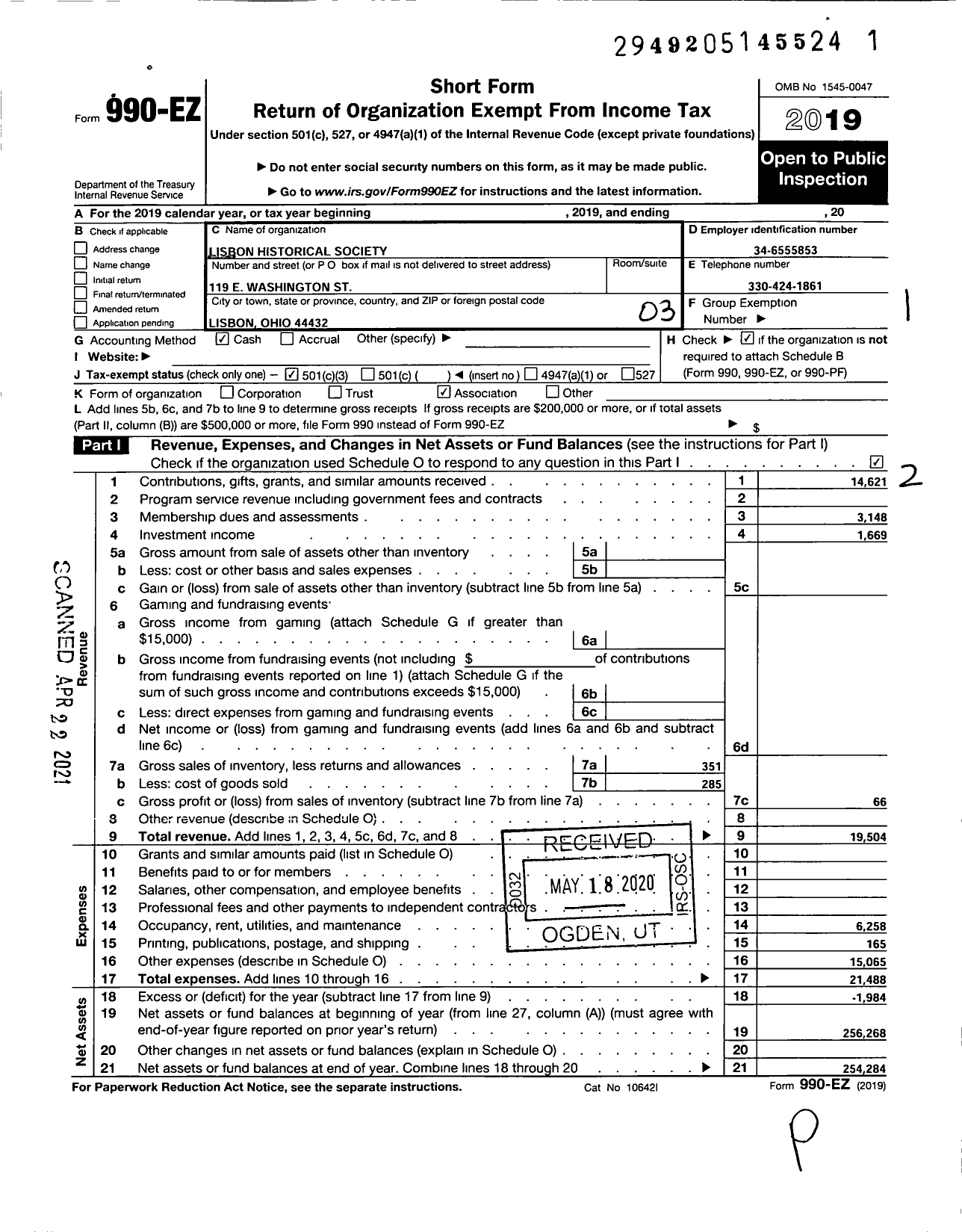 Image of first page of 2019 Form 990EZ for Lisbon Historical Society