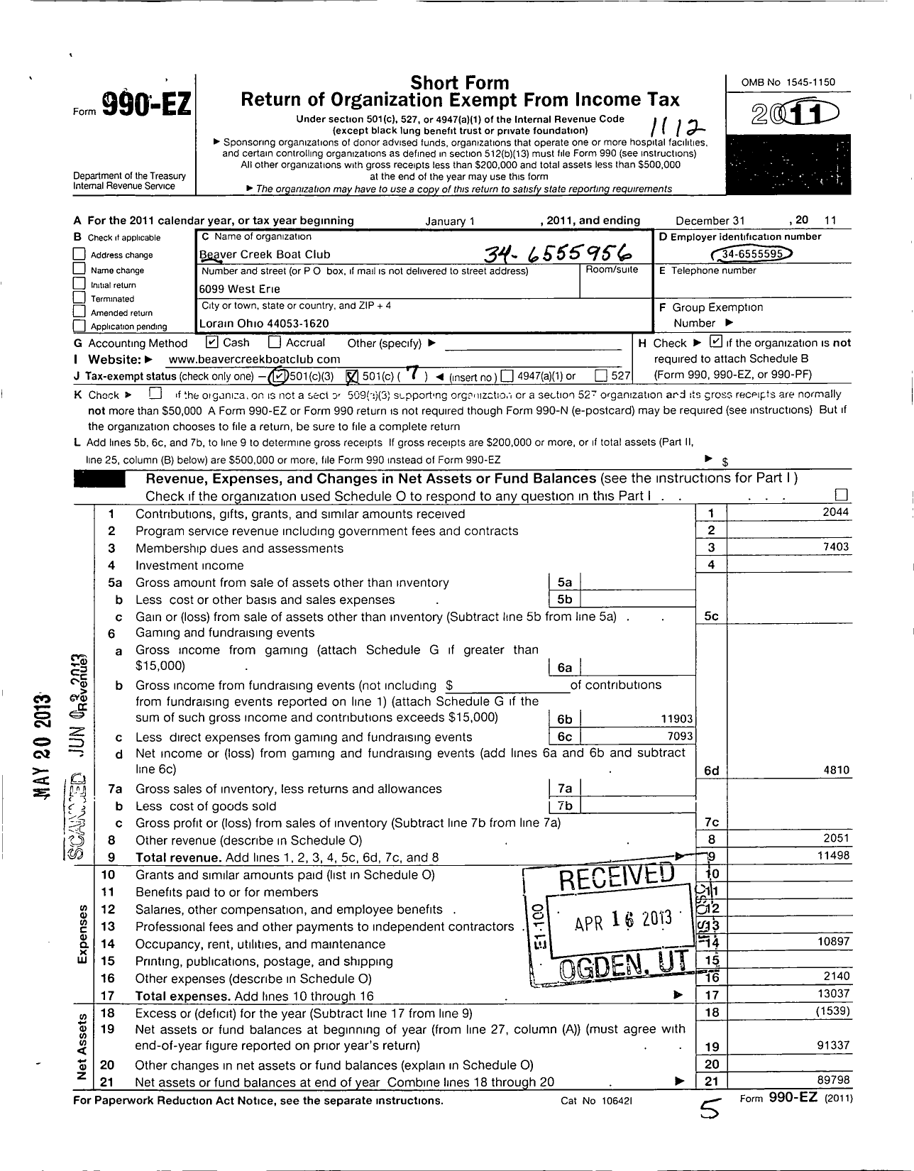 Image of first page of 2011 Form 990EO for Beaver Creek Boat Club