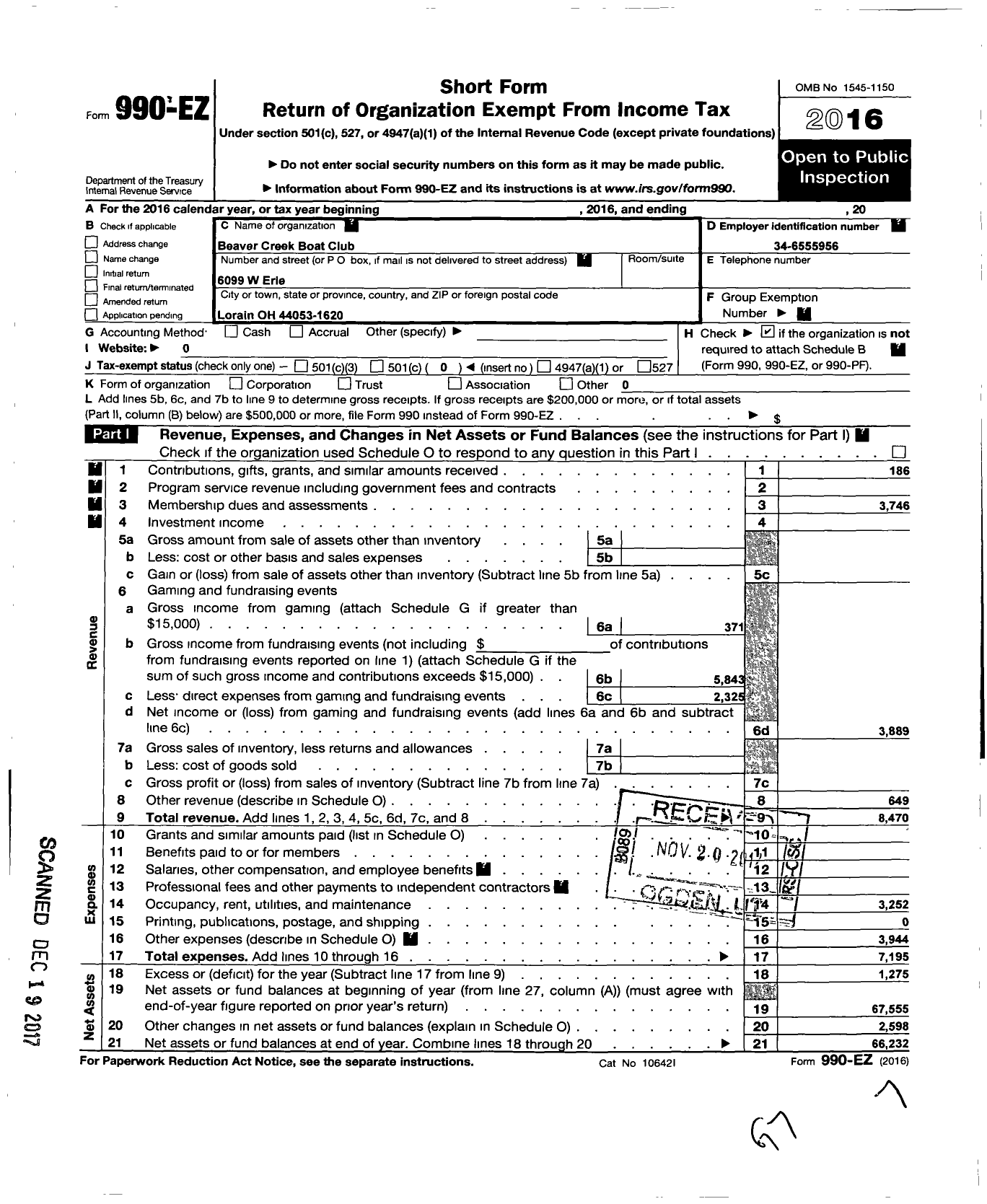 Image of first page of 2016 Form 990EO for Beaver Creek Boat Club