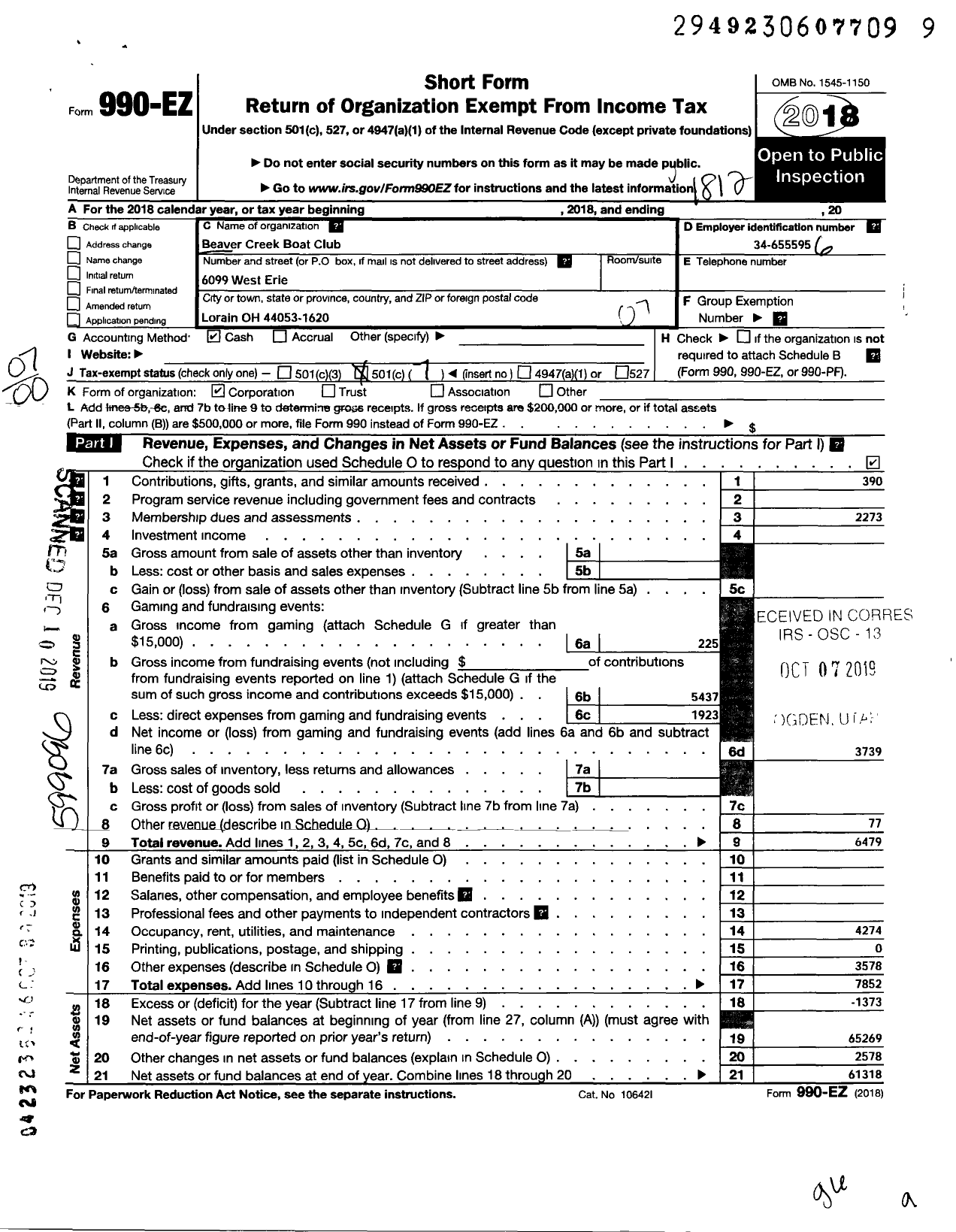 Image of first page of 2018 Form 990EO for Beaver Creek Boat Club