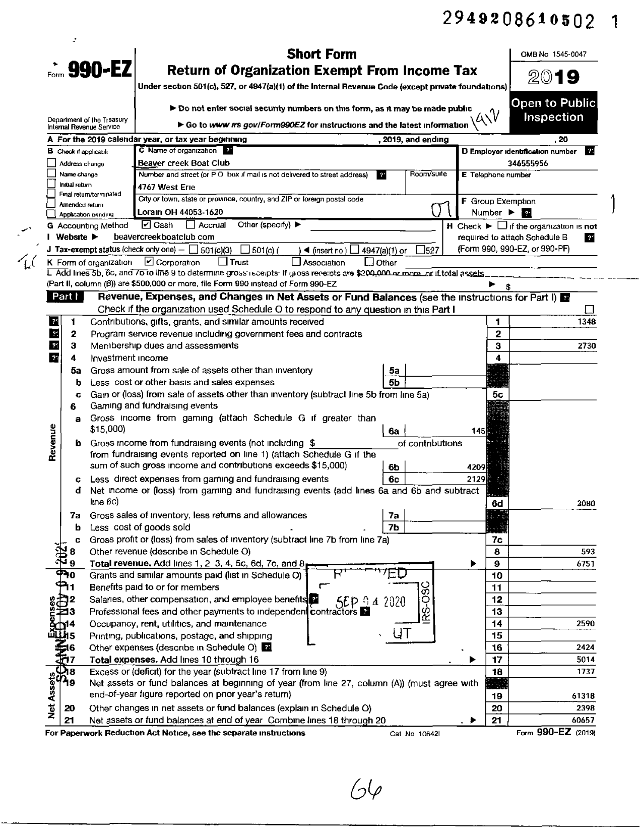 Image of first page of 2019 Form 990EO for Beaver Creek Boat Club