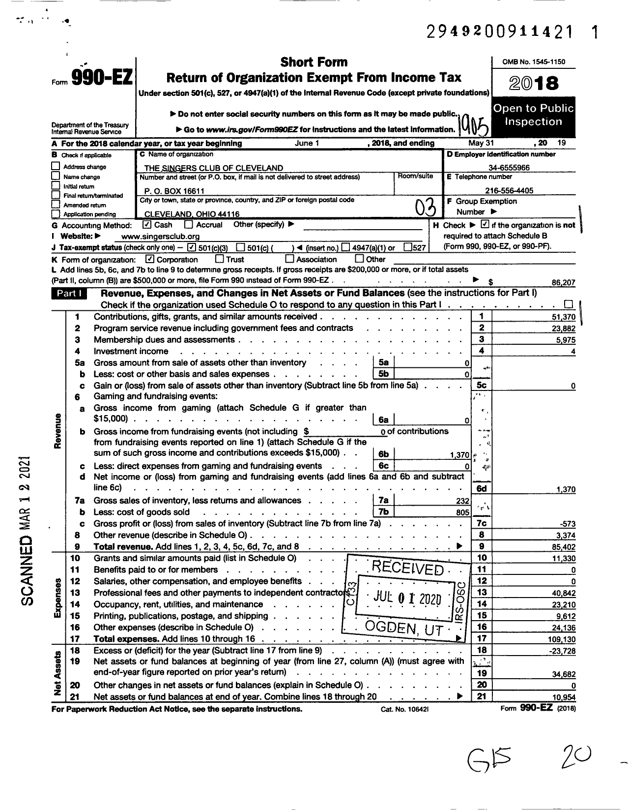 Image of first page of 2018 Form 990EZ for Singers Club