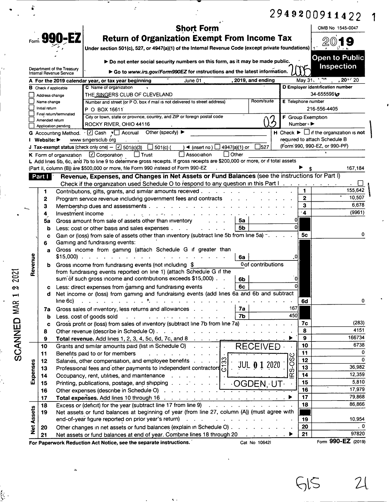 Image of first page of 2019 Form 990EZ for Singers Club