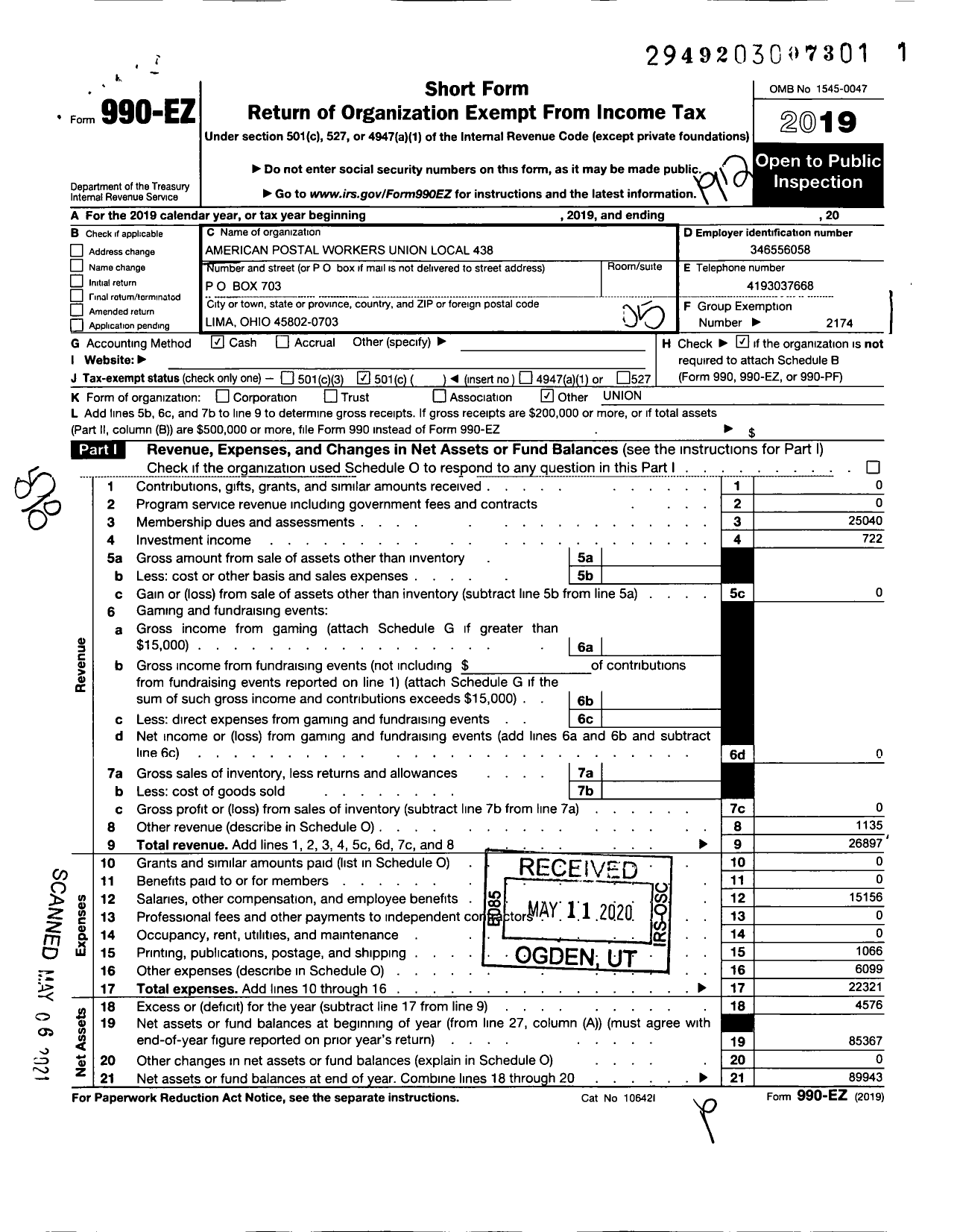 Image of first page of 2019 Form 990EO for AMERICAN POSTAL WORKERS UNION - 438 Lima Area Local & Retiree Lima