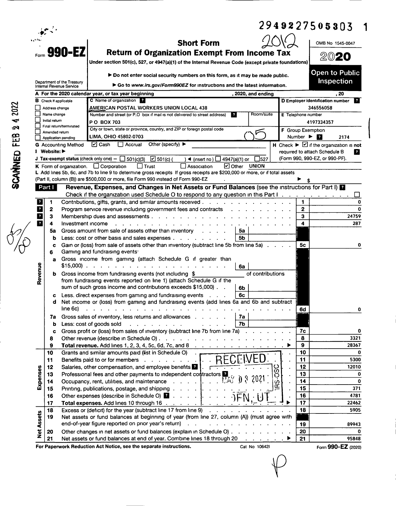 Image of first page of 2020 Form 990EO for AMERICAN POSTAL WORKERS UNION - 438 Lima Area Local & Retiree Lima