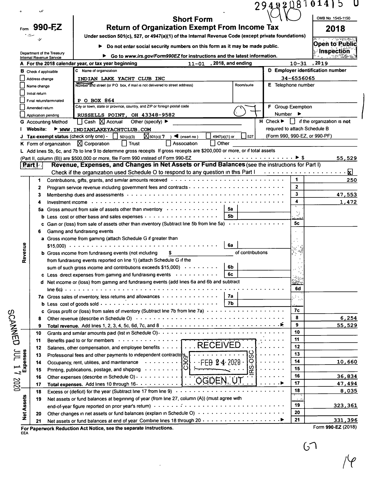 Image of first page of 2018 Form 990EO for Indian Lake Yacht Club