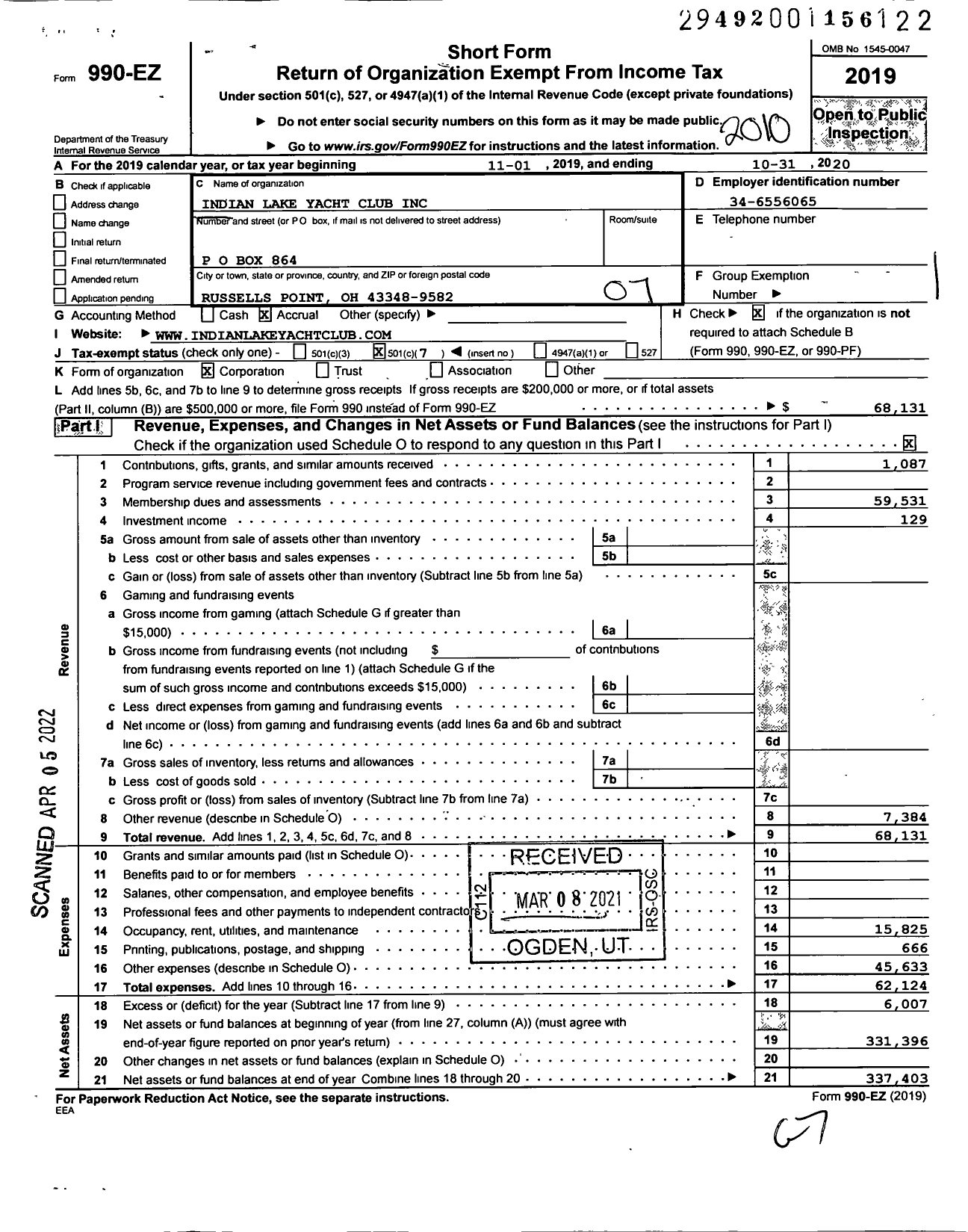 Image of first page of 2019 Form 990EO for Indian Lake Yacht Club