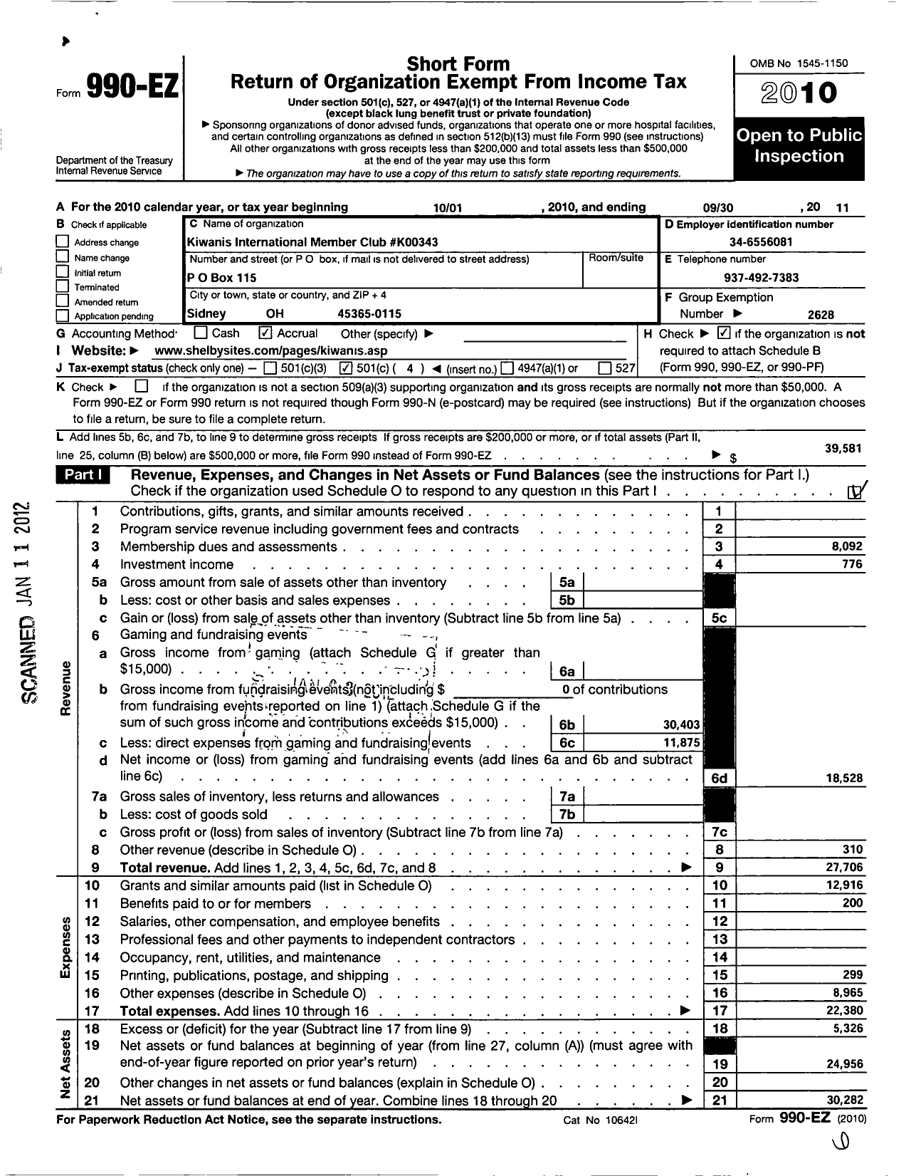 Image of first page of 2010 Form 990EO for Kiwanis International - K00343 Sidney