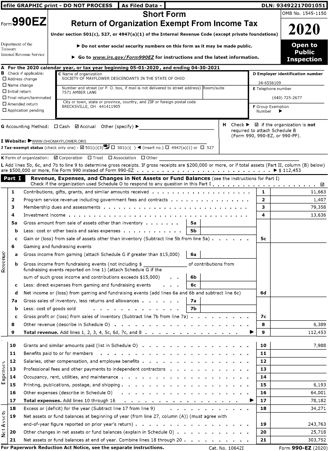 Image of first page of 2020 Form 990EZ for Society of Mayflower Descendants in the State of Ohio