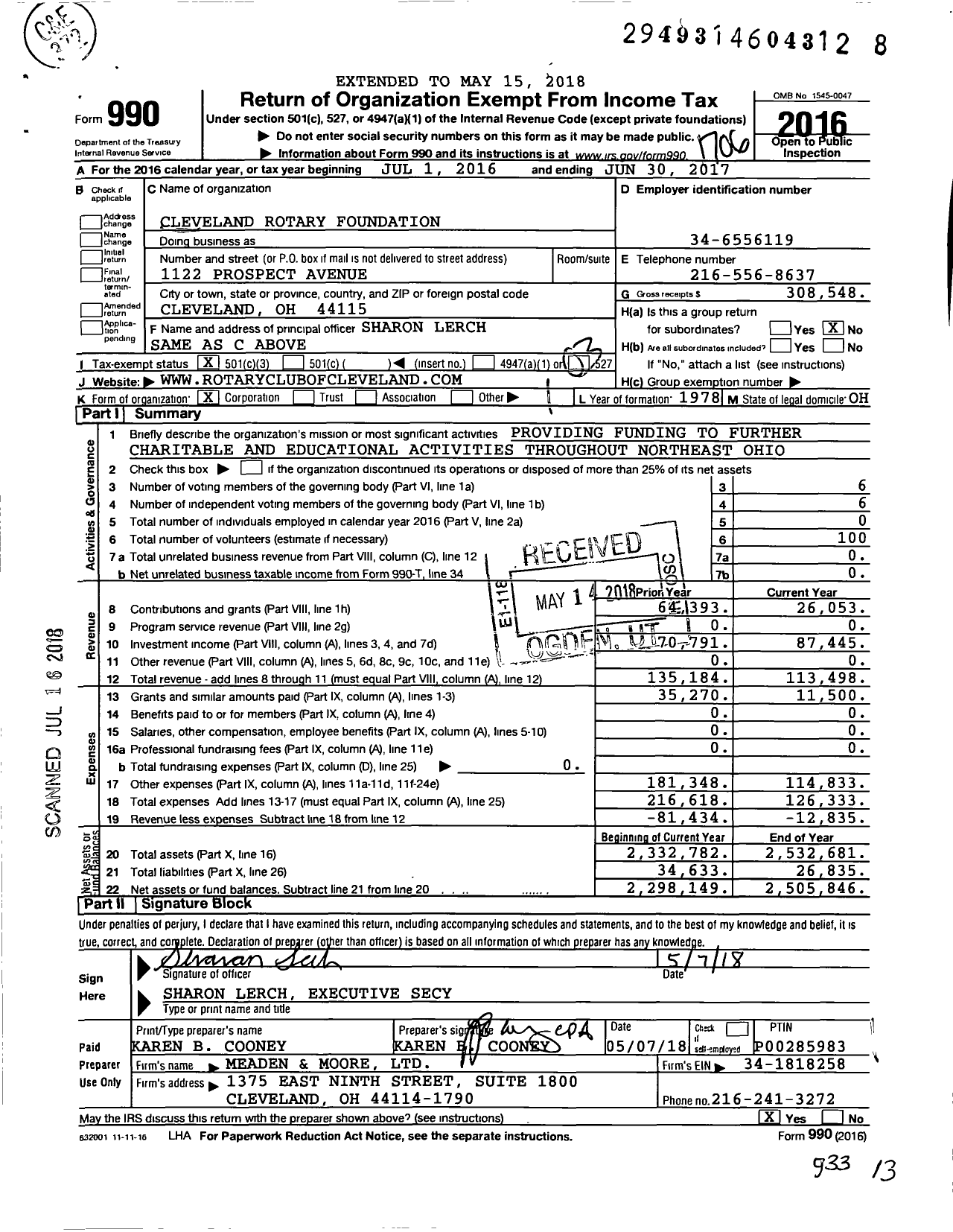 Image of first page of 2016 Form 990 for Cleveland Rotary Foundation