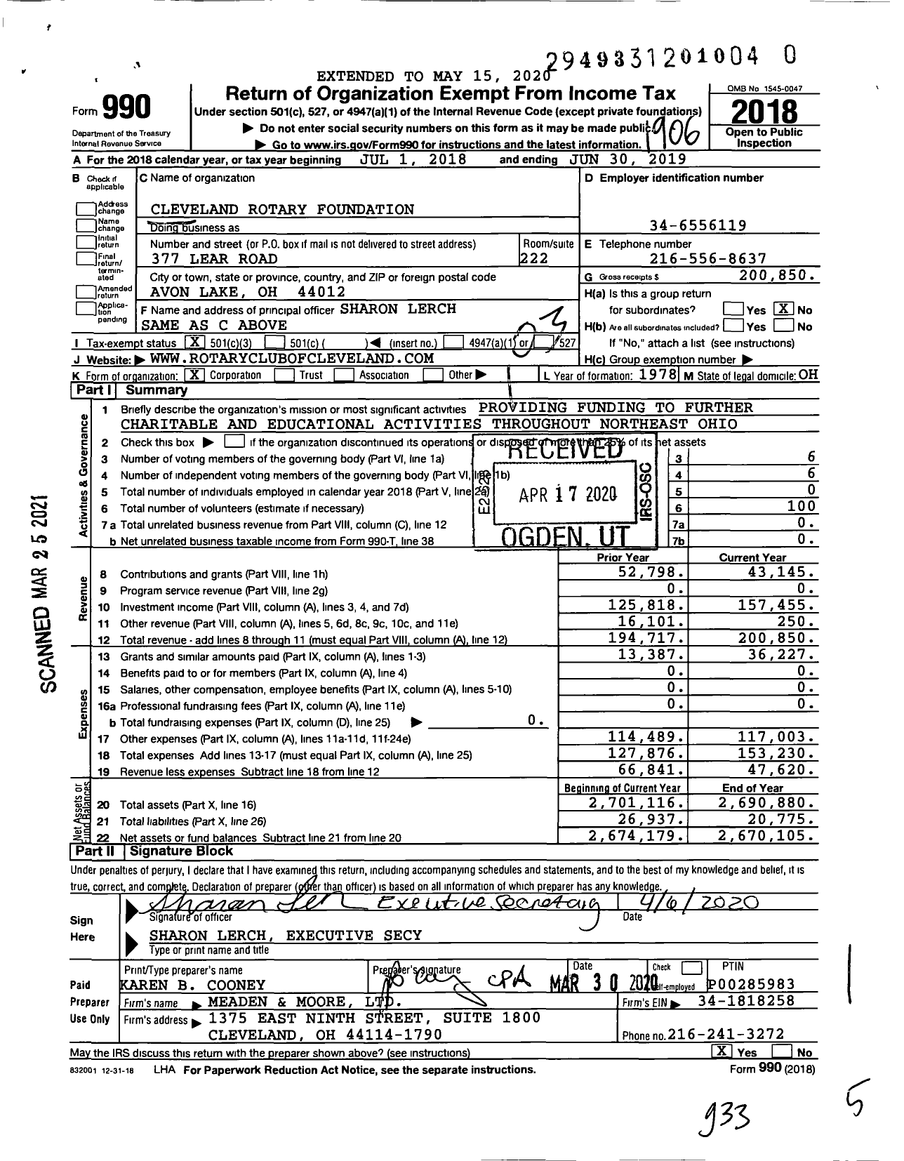 Image of first page of 2018 Form 990 for Cleveland Rotary Foundation