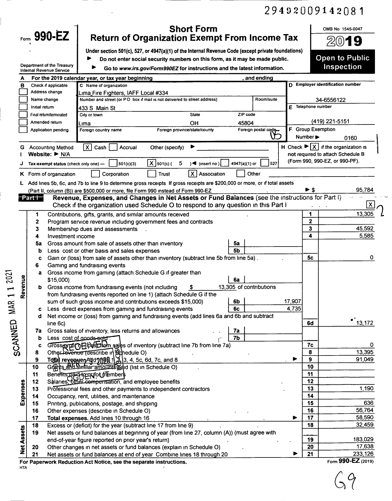 Image of first page of 2019 Form 990EO for International Association of Fire Fighters - L0334 Lima