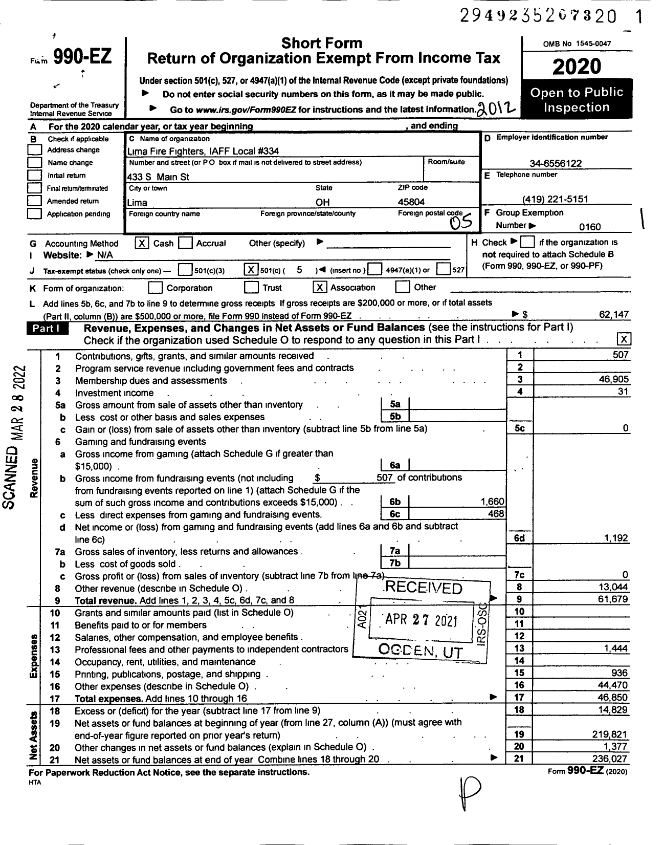 Image of first page of 2020 Form 990EO for International Association of Fire Fighters - L0334 Lima