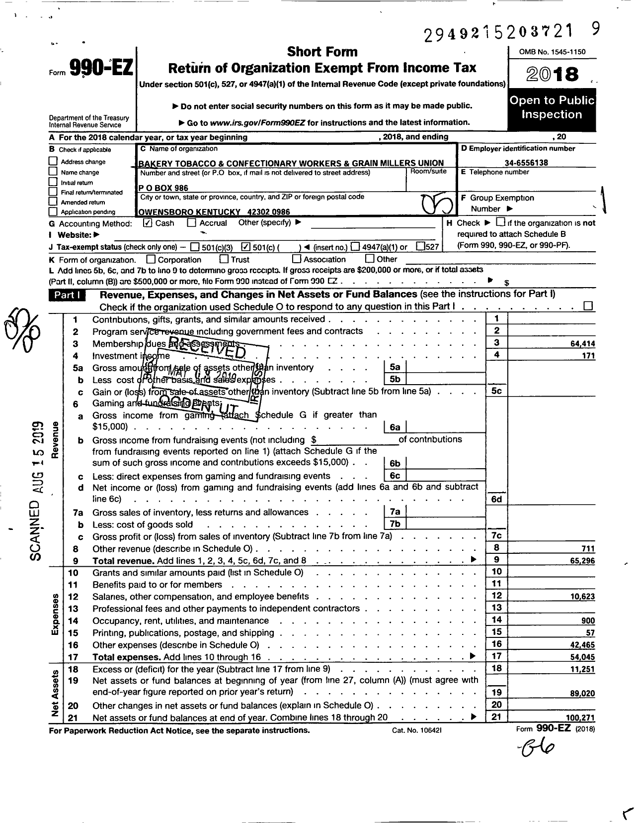 Image of first page of 2018 Form 990EO for Bakery Confectionery Tobacco Workers and Grain Millers Union 196