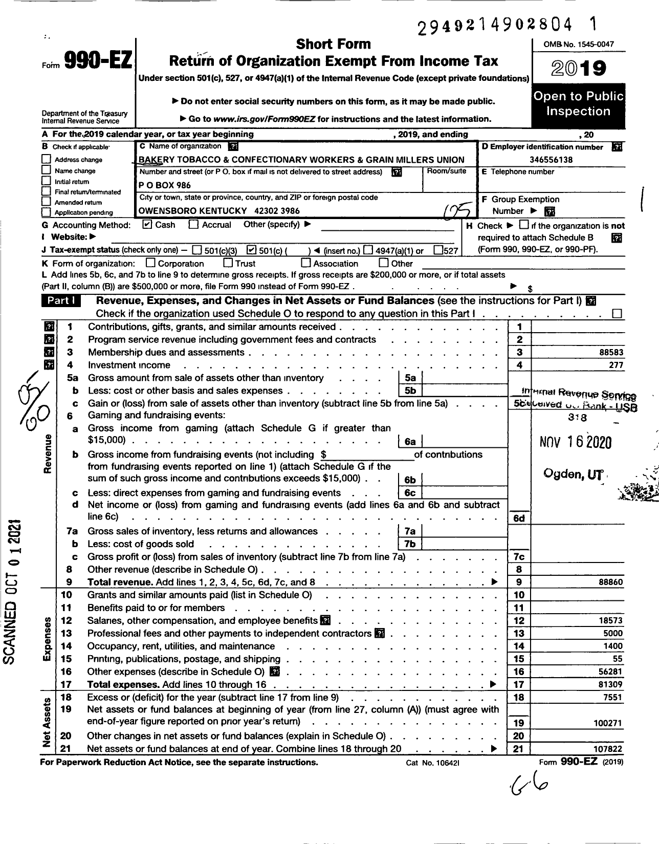 Image of first page of 2019 Form 990EO for Bakery Confectionery Tobacco Workers and Grain Millers Union 196