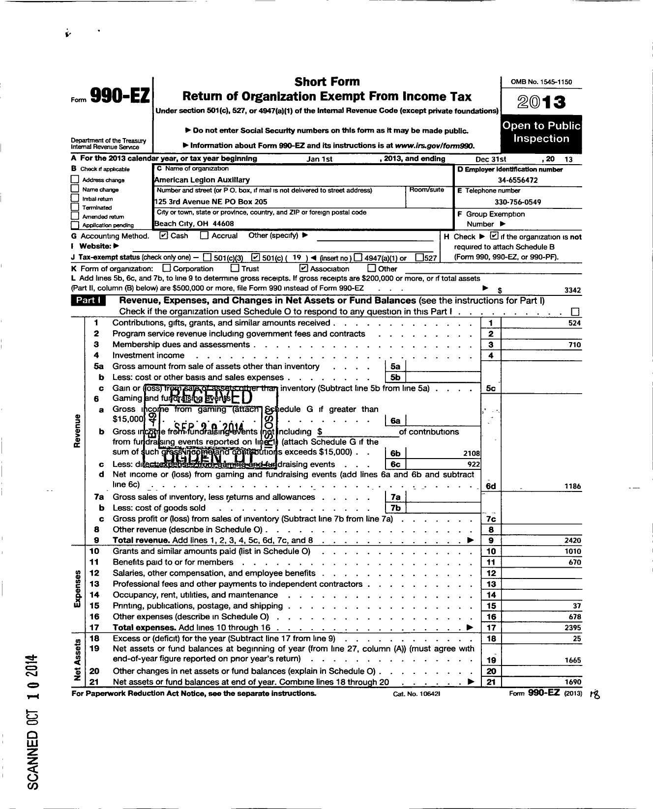 Image of first page of 2013 Form 990EO for American Legion Auxiliary - 549 Weimer-Widder