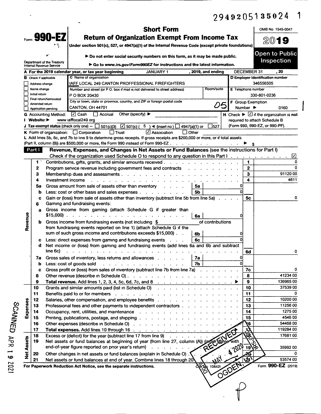 Image of first page of 2019 Form 990EO for International ASSOCIATION of Fire Fighters - L0249 CANTON