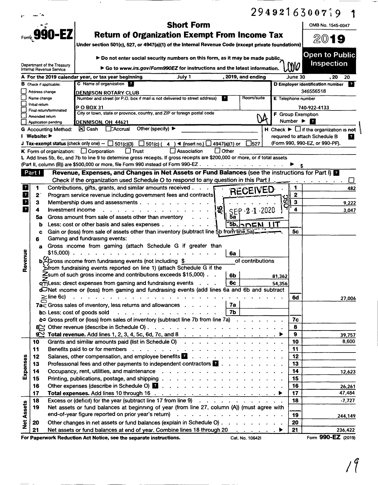 Image of first page of 2019 Form 990EO for Rotary International - Dennison Rotary Club