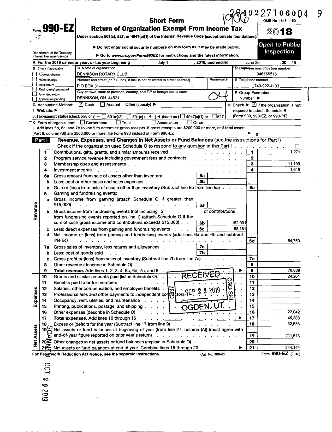 Image of first page of 2018 Form 990EO for Rotary International - Dennison Rotary Club