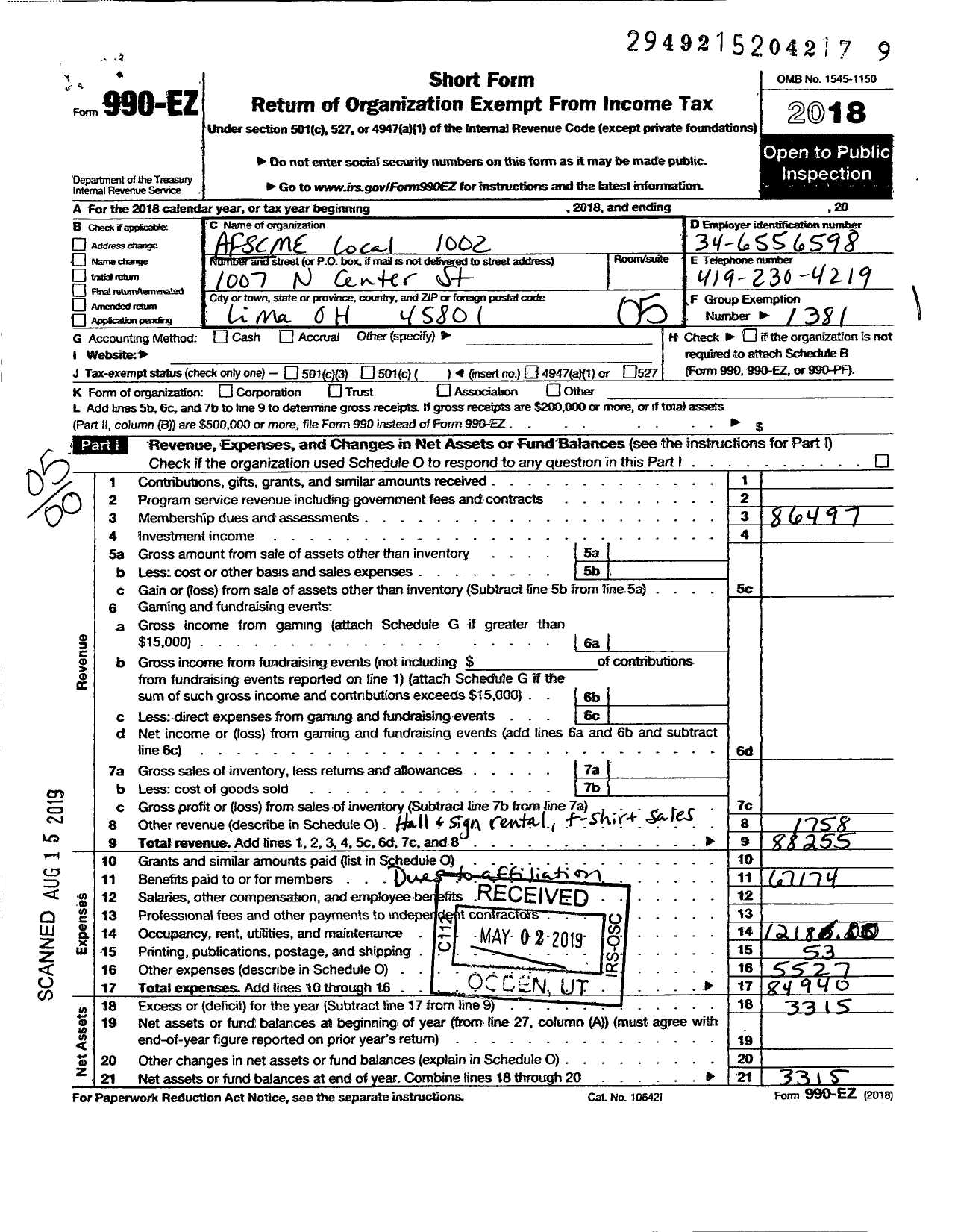 Image of first page of 2018 Form 990EO for American Federation of State County & Municipal Employees - L1002oh Lima Municipal Emps