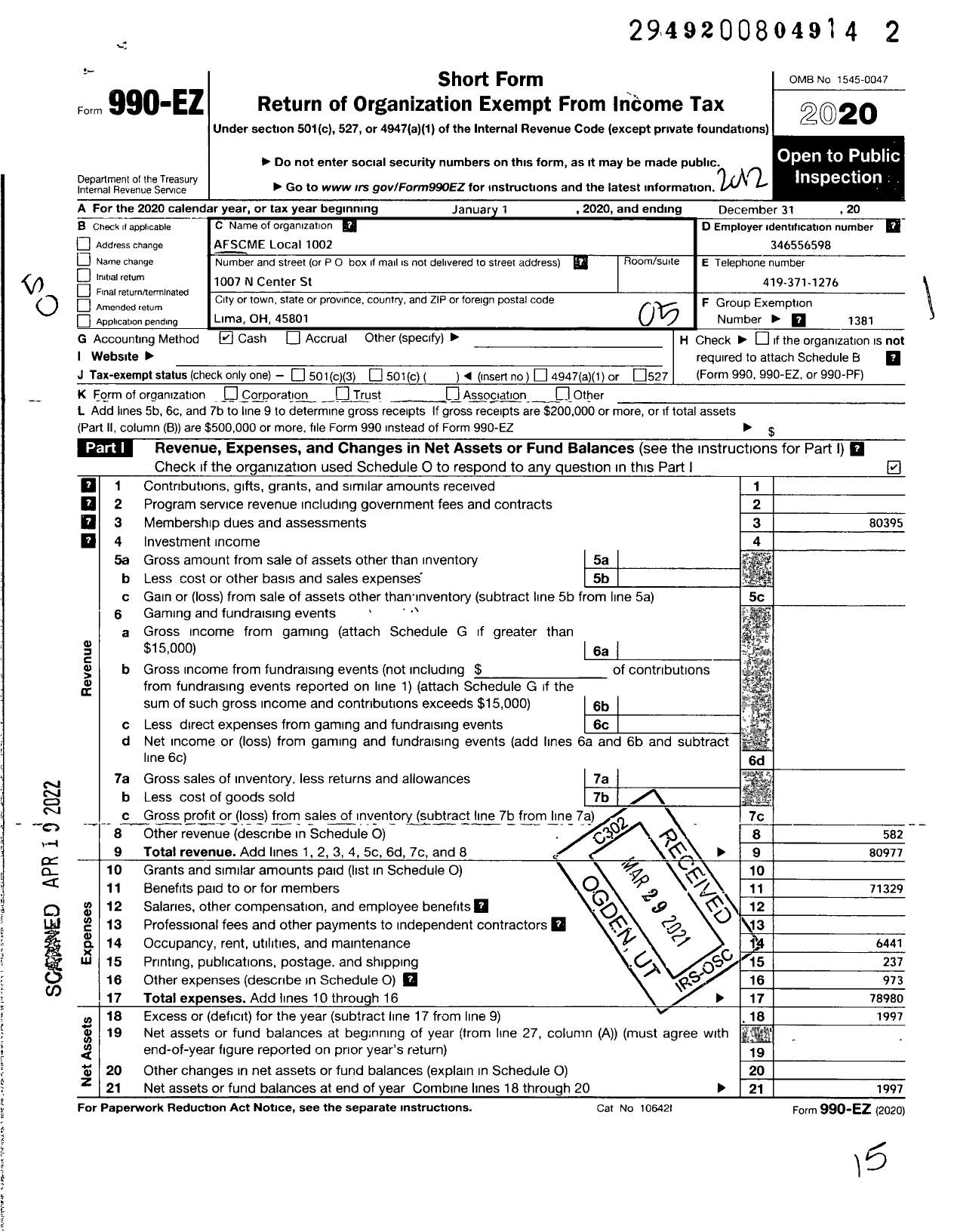 Image of first page of 2020 Form 990EO for American Federation of State County & Municipal Employees - L1002oh Lima Municipal Emps