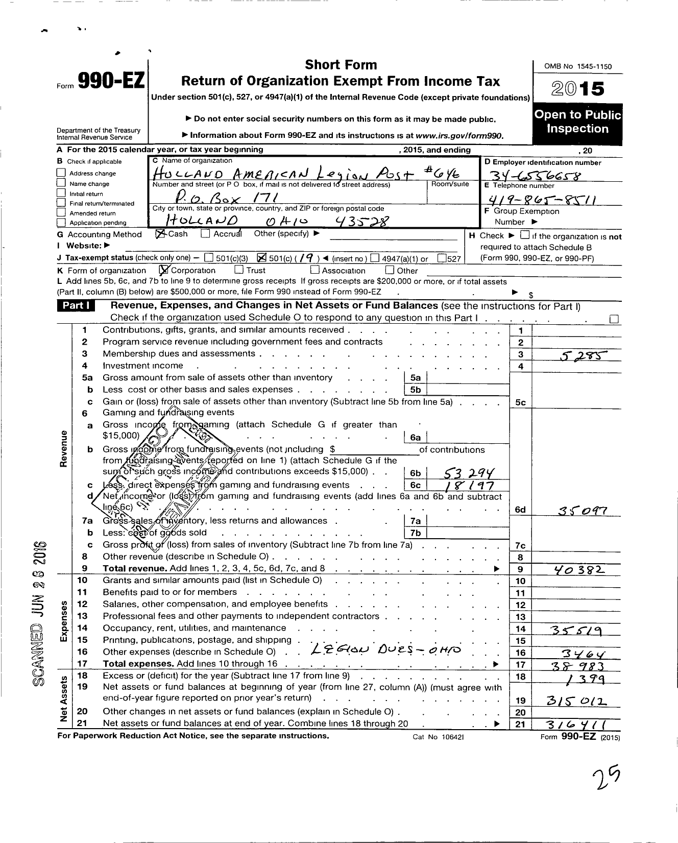 Image of first page of 2015 Form 990EO for Holland American Legion Post 646