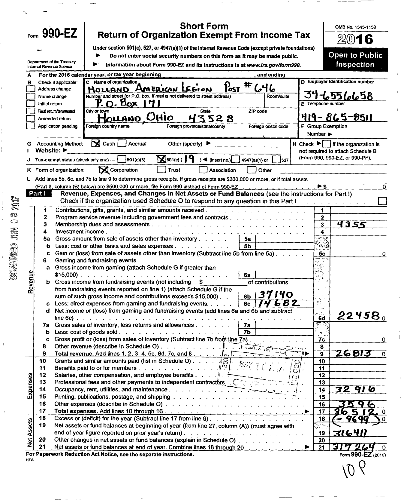 Image of first page of 2016 Form 990EO for Holland American Legion Post 646