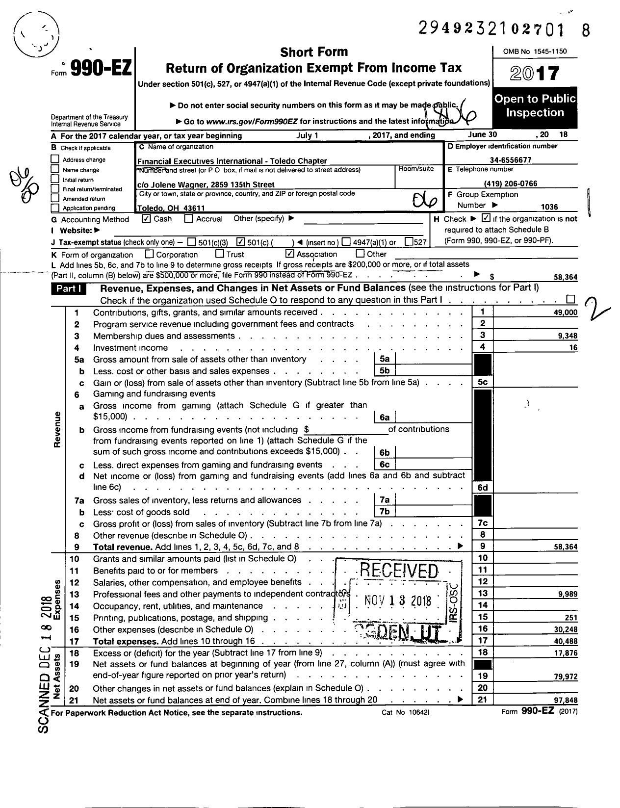 Image of first page of 2017 Form 990EO for Financial Executives International / Toledo Chapter