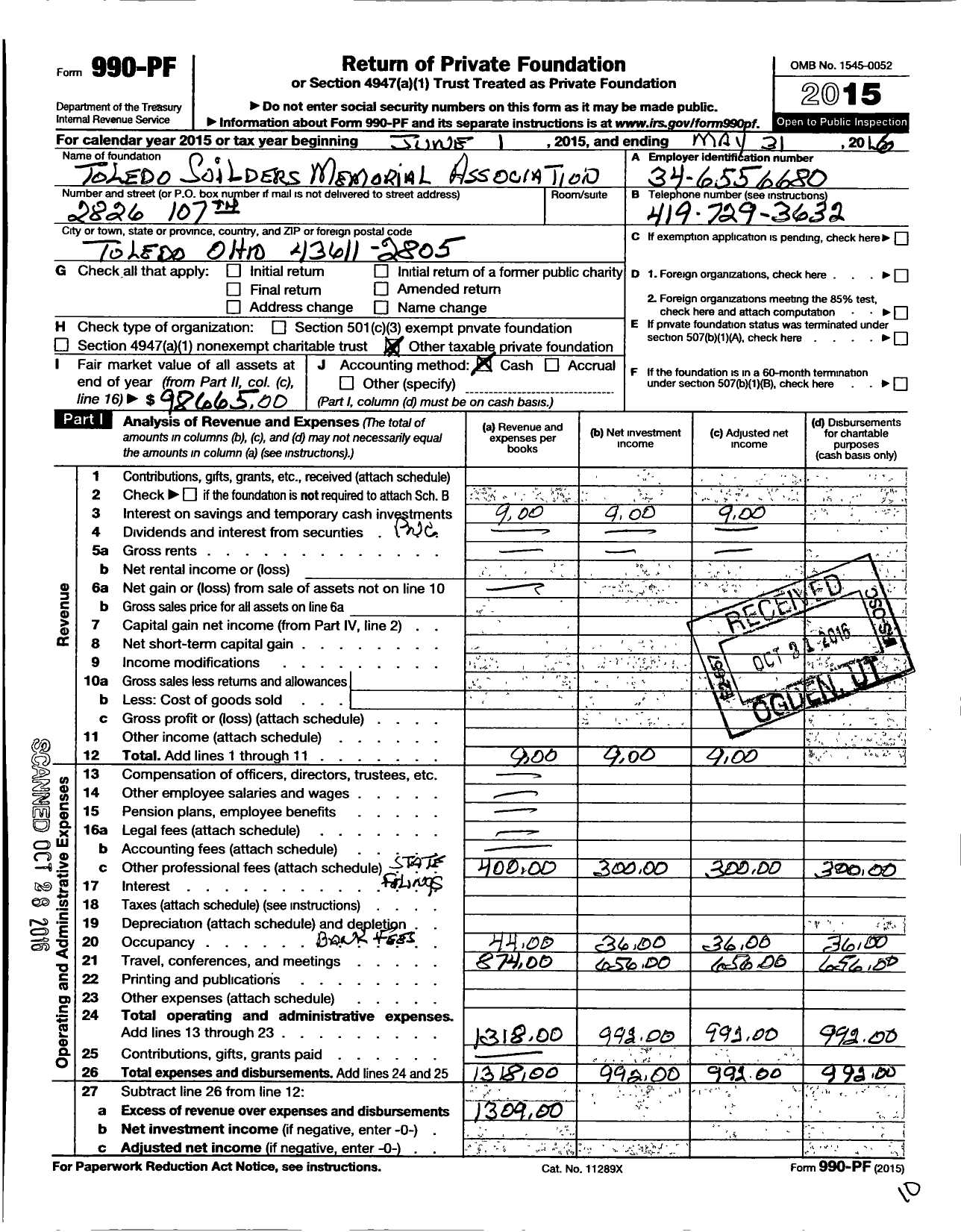 Image of first page of 2015 Form 990PF for Toledo Soilders Memorial Association