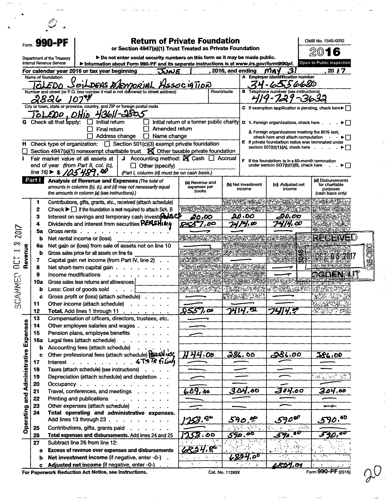 Image of first page of 2016 Form 990PF for Toledo Soilders Memorial Association