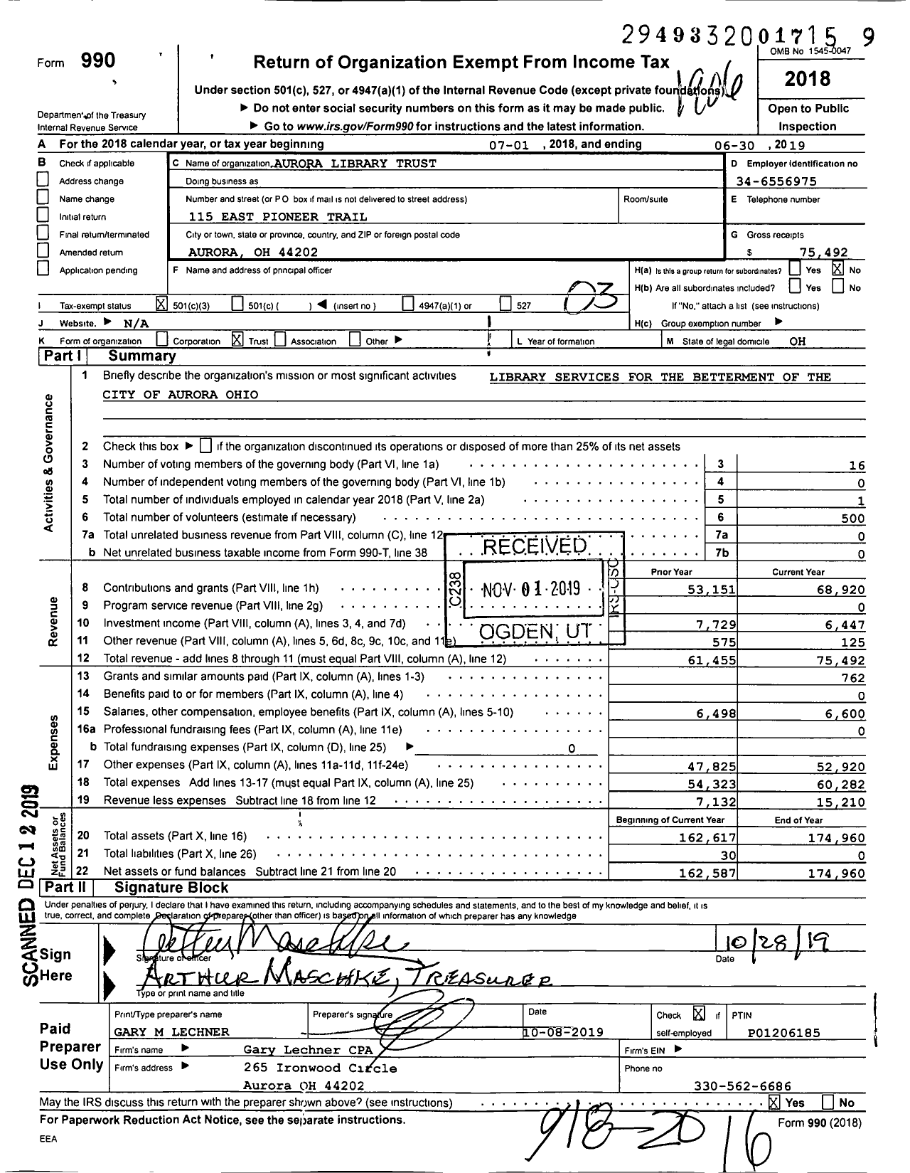 Image of first page of 2018 Form 990 for Aurora Library Trust