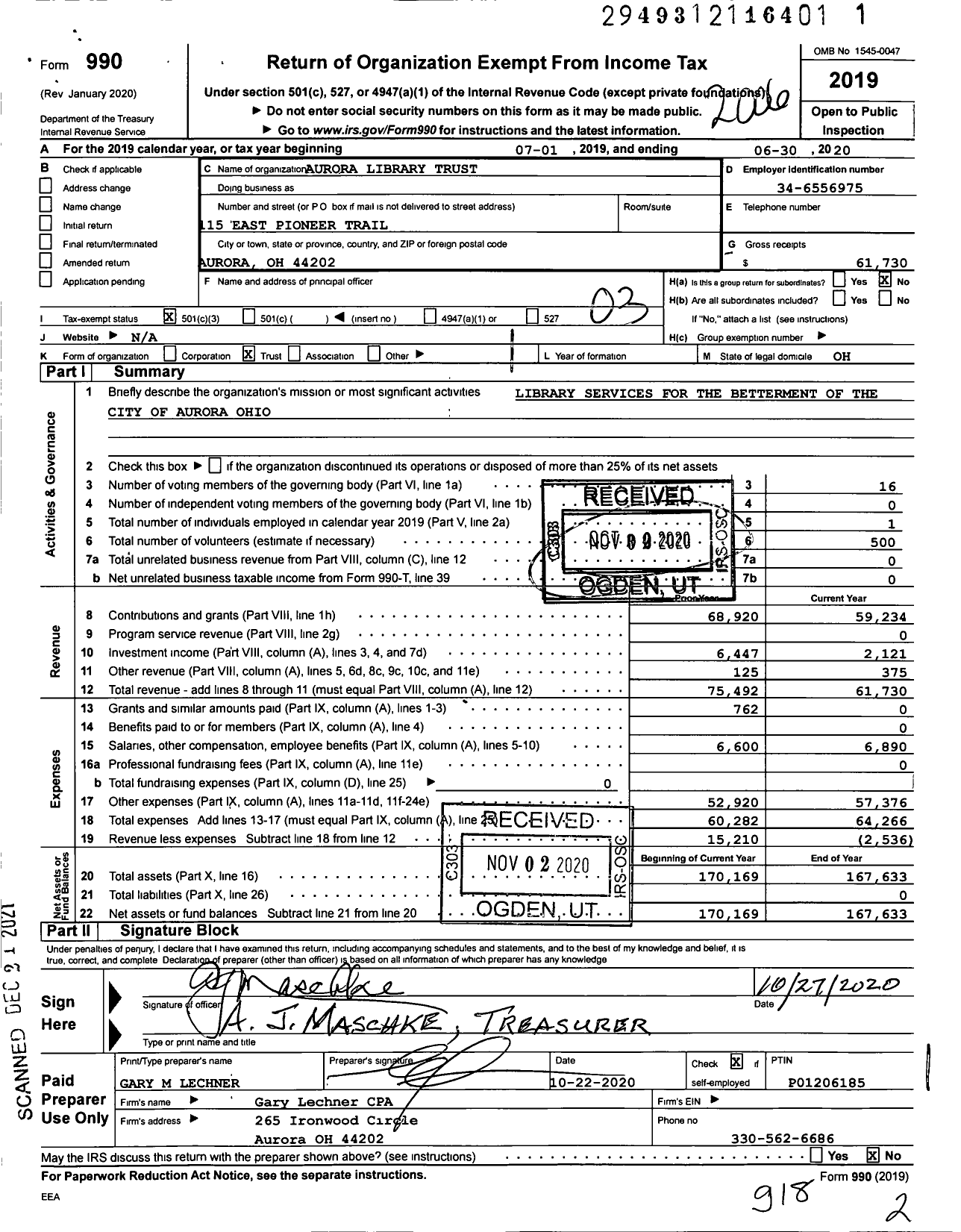 Image of first page of 2019 Form 990 for Aurora Library Trust