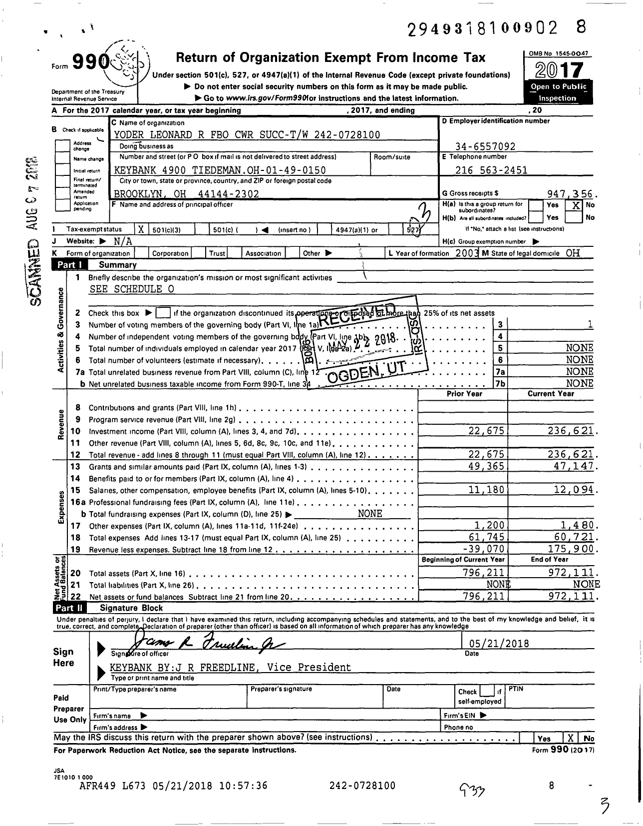 Image of first page of 2017 Form 990 for Yoder Leonard R Fbo CWR Succ-Tw