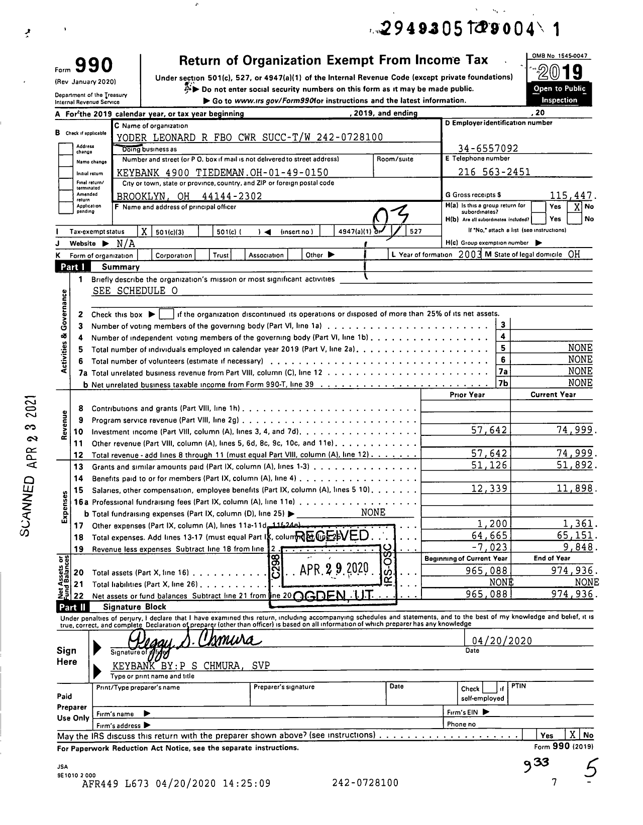 Image of first page of 2019 Form 990 for Yoder Leonard R Fbo CWR Succ-Tw