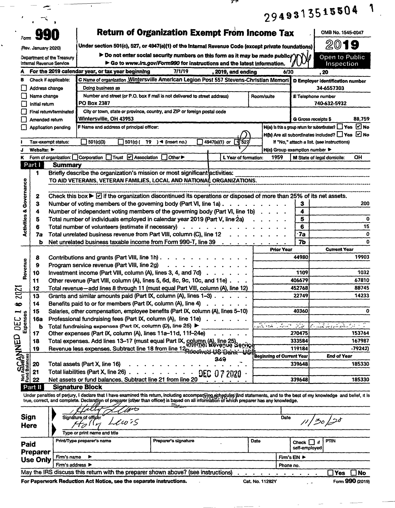 Image of first page of 2019 Form 990O for American Legion - Wintersville American Legion Post 557 Stevens-Christian Memorial