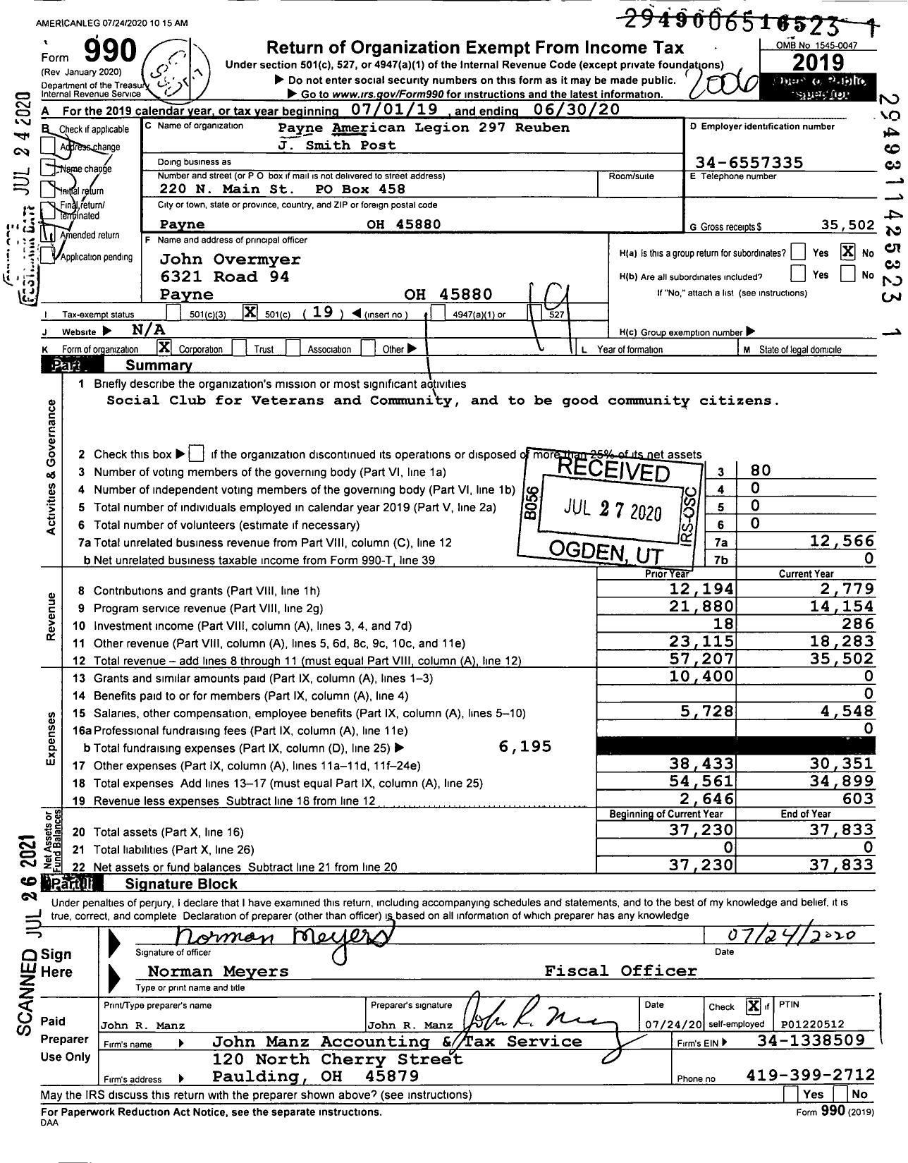 Image of first page of 2019 Form 990O for Payne American Legion 297 Reuben J Smith Post