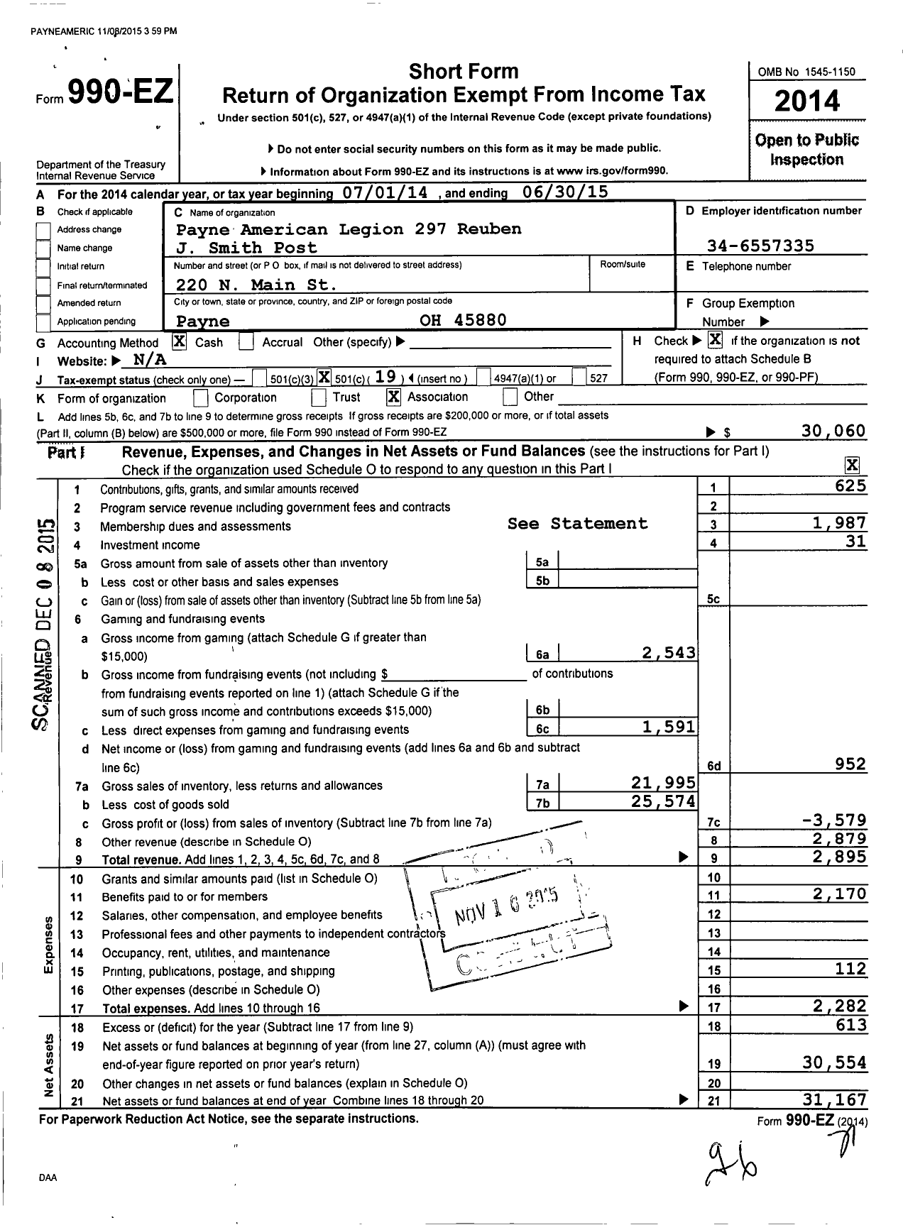 Image of first page of 2014 Form 990EO for American Legion - 297 Payne Reuben J Smith Post